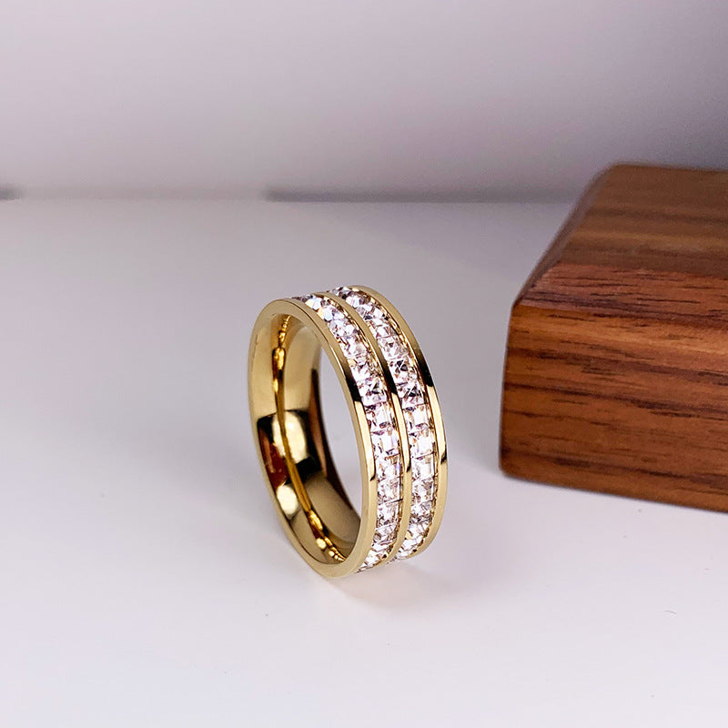 Dazzling Wide Band Crystal Eternity Ring - Multi-Tone Options Simple Student Double Single Row Square Diamond Ring