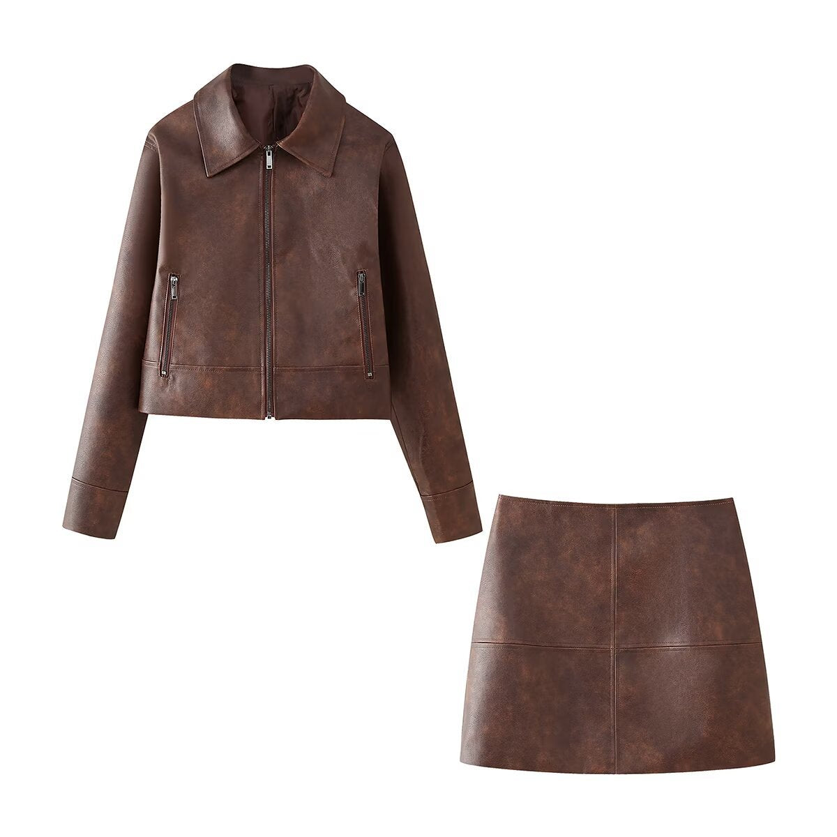 Retro Lapels Long-sleeved Zipper Leather Jacket Skirt Women's