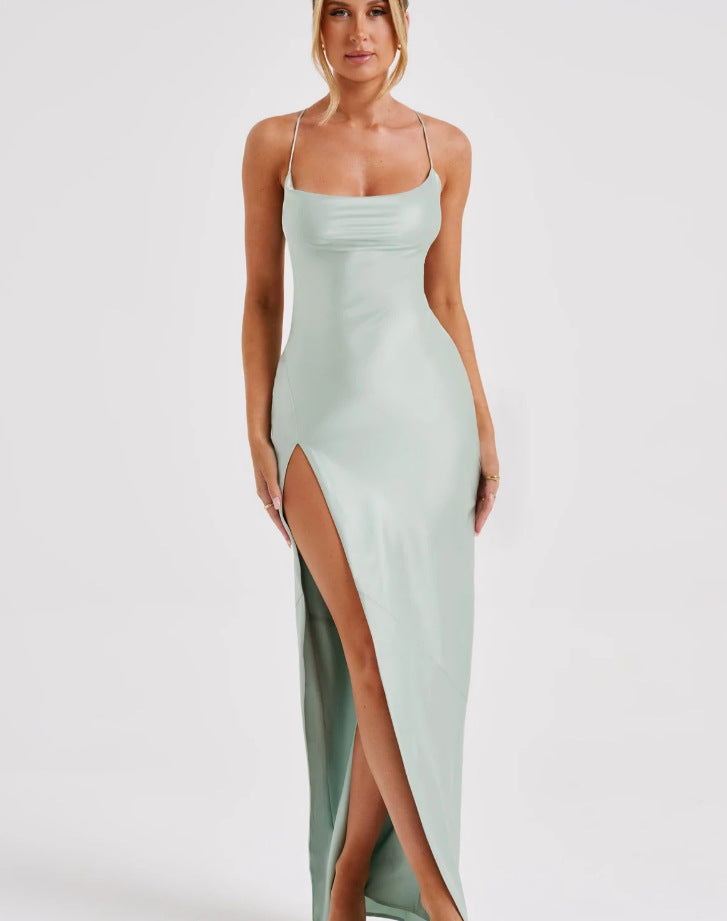 Cowl Neck Satin Maxi Dress with Thigh Slit Premium Satin Sleeveless Sexy Backless Lace Up Dress