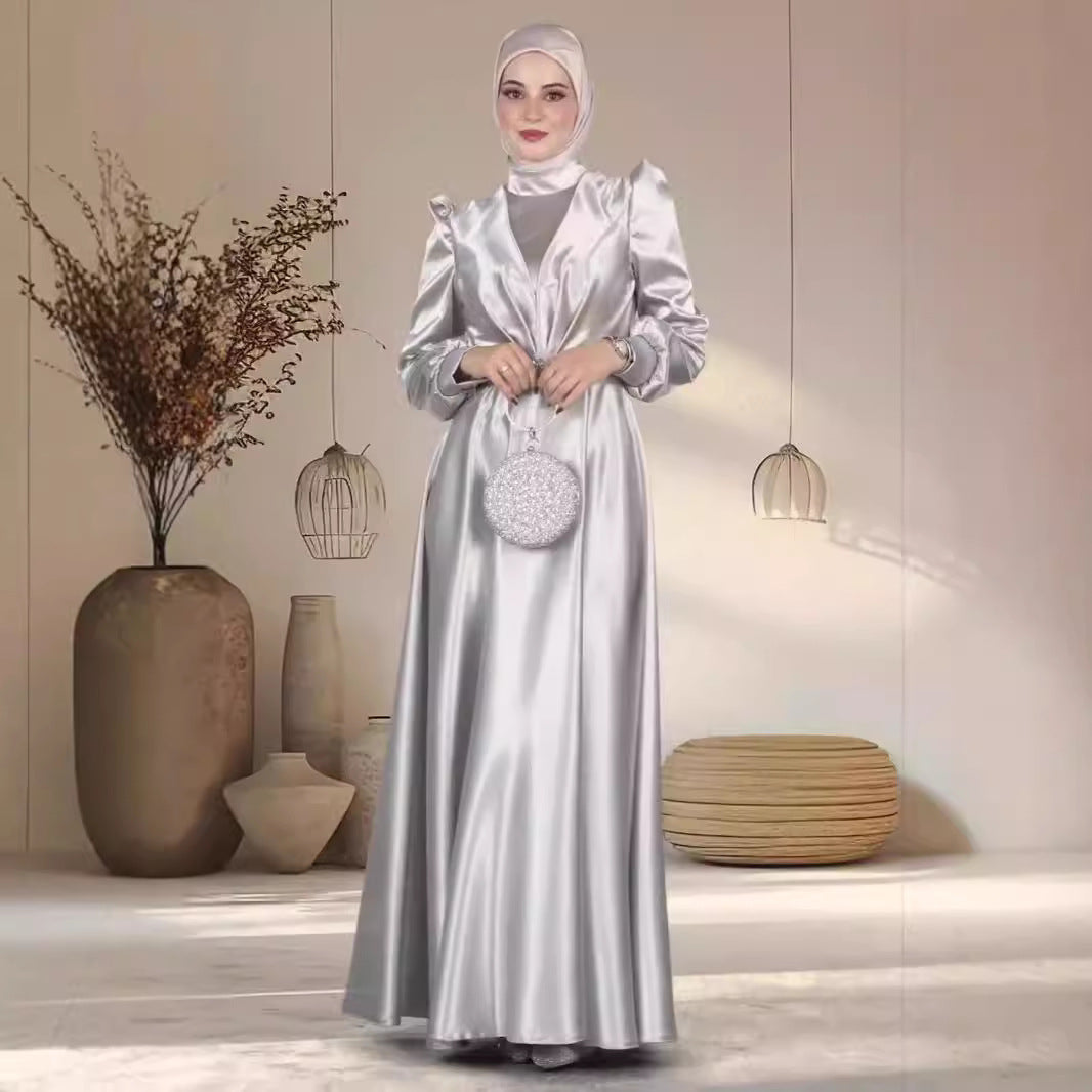 Luxurious Satin Modest Maxi Dress | Elegant Silver Grey Gown Graceful Satin Long Dress Women