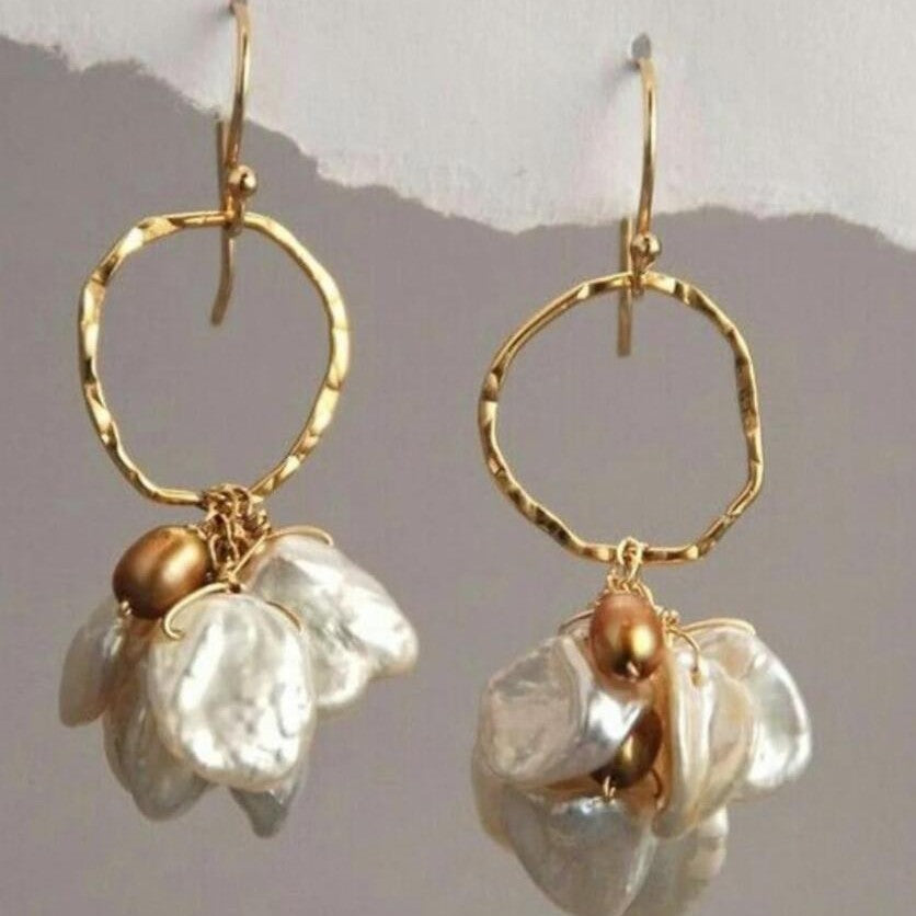 Boho Chic Irregular Hoop Earrings with Mixed Pearl and Petal Charms Popular Retro Fashion Creative Women's Earrings