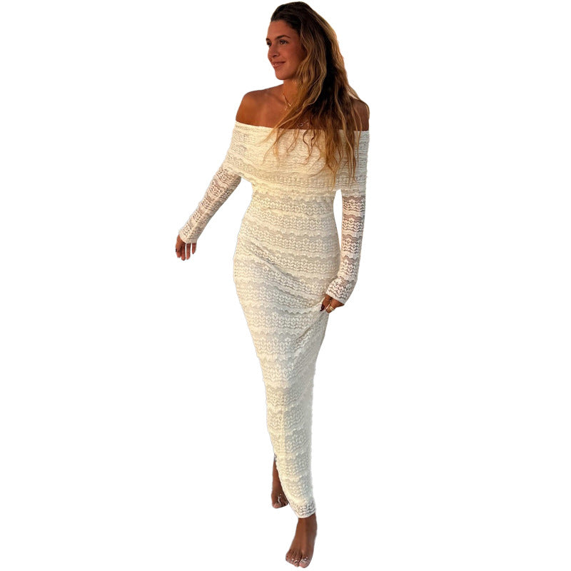 Amazon New Fashionable Elegant Socialite Style Off-shoulder Lace Dress Women