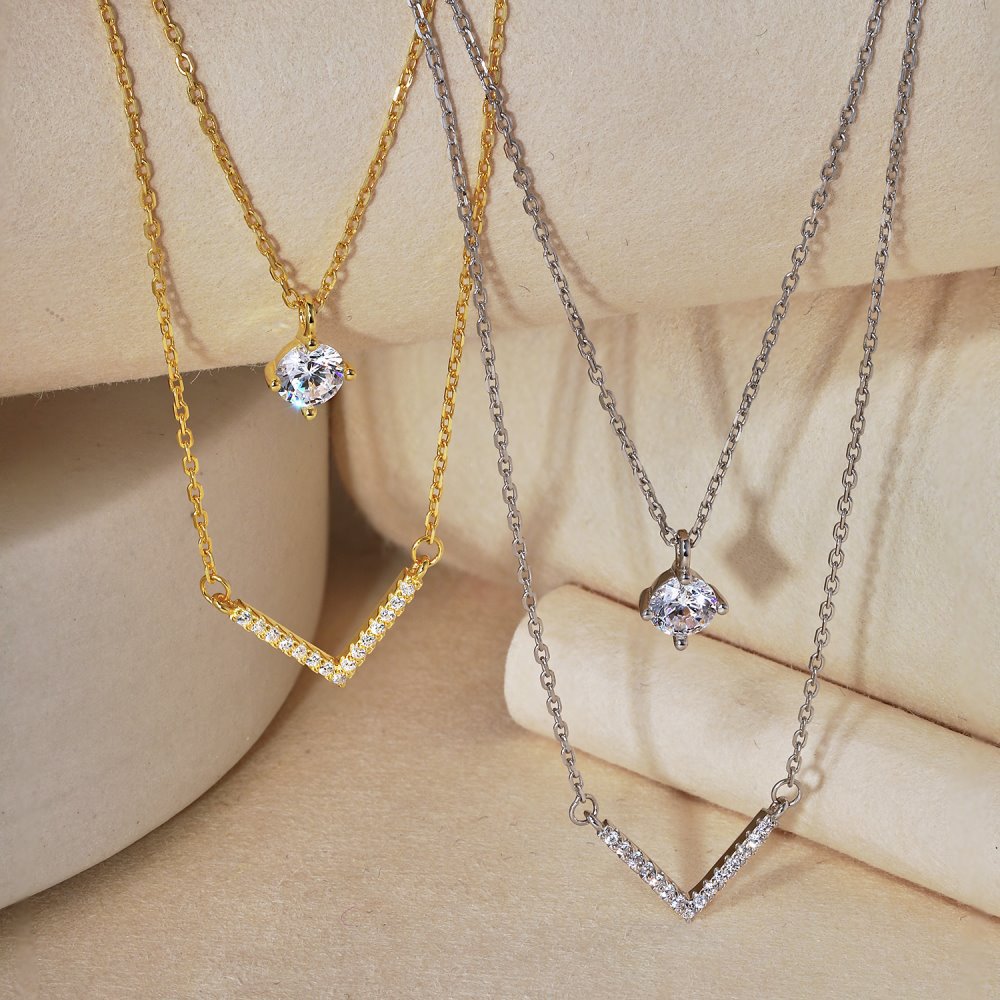 Sterling Silver Plated 18K Gold Necklace Double Layered V-shaped Pendant
