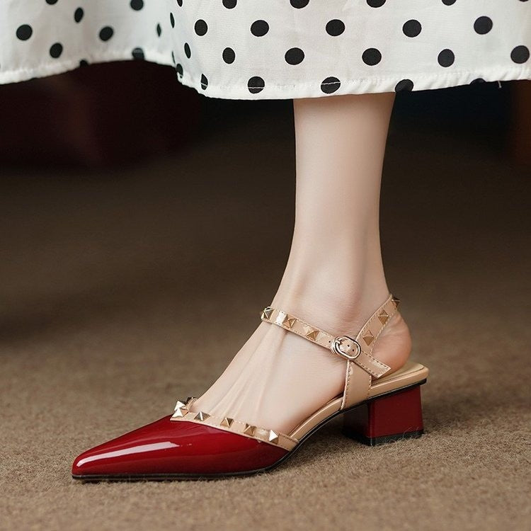 Fashion Pointed Rivets Middle Heel Back Empty Shoes