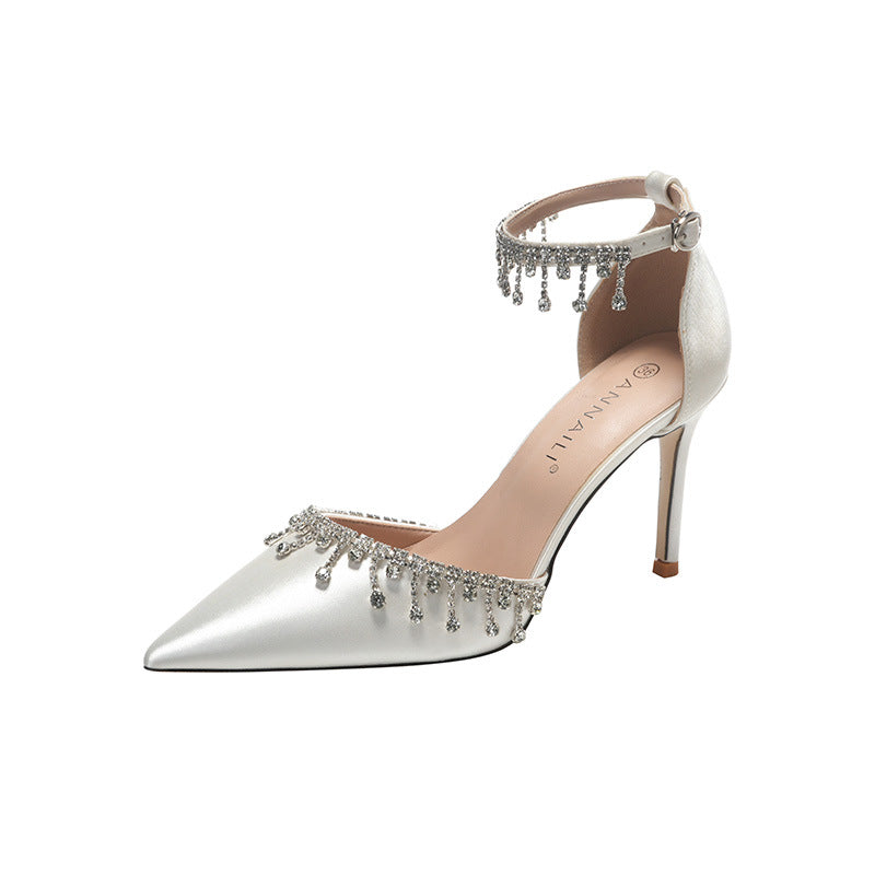 White Satin Strap Tassel Chain High Heels For Women's