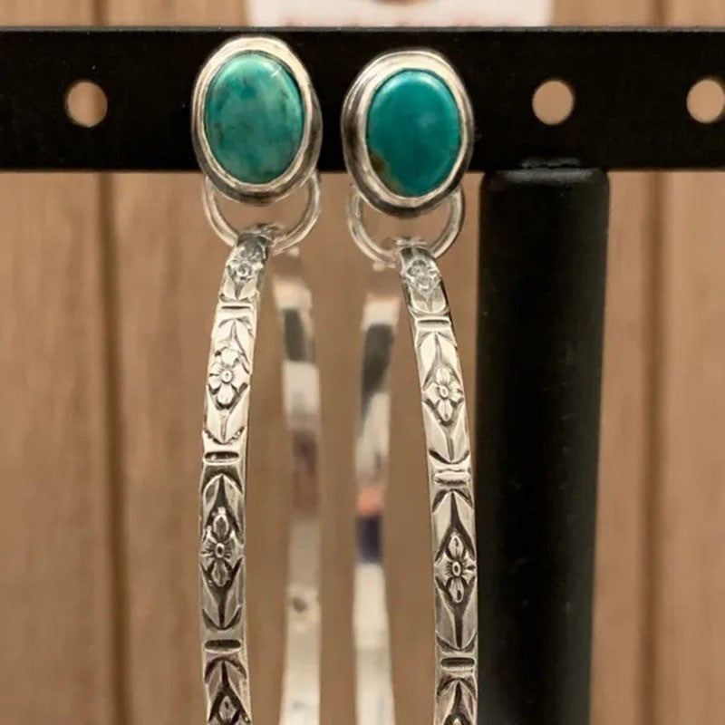 Bohemian Style Dangle Earrings with Oval Gemstone & Engraved Silver Bar Dark Night Ornament Carved Flower Ear Clips