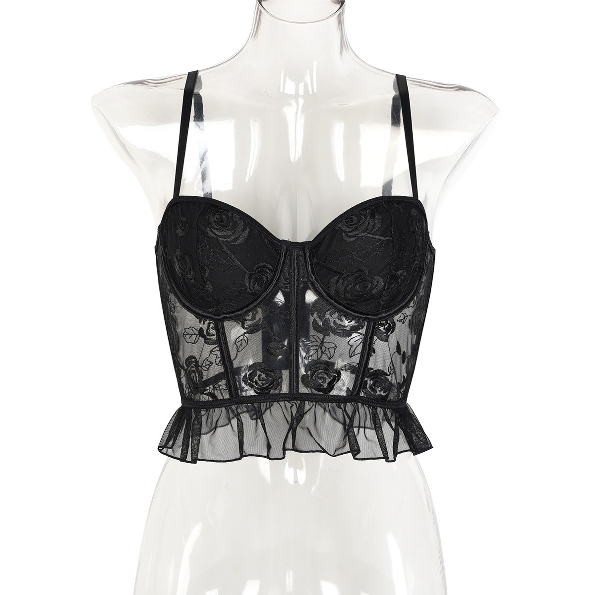 Black Rose Flower Embroidered Strap Top
