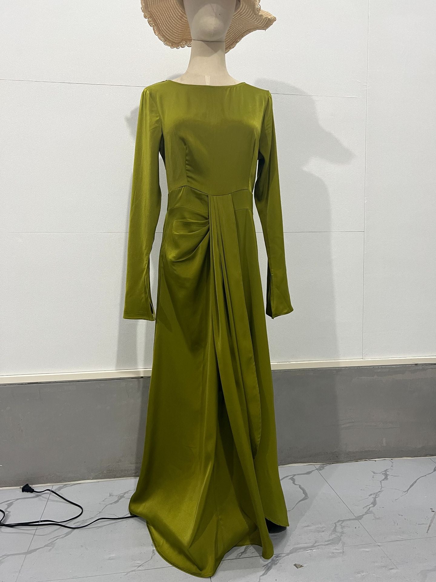 Elegant Olive Green Long Sleeve Maxi Dress | Modest & Chic Graceful Satin Banquet Long Dress