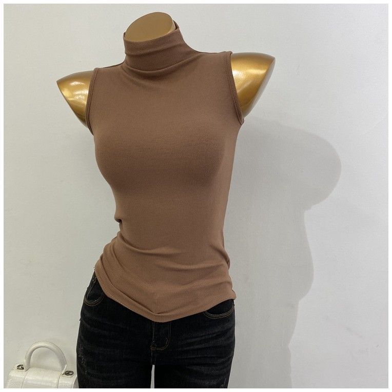 Sleek Sleeveless Turtleneck Top - Multi-Color Options Korean Style Half Turtleneck Sleeveless Vest Top
