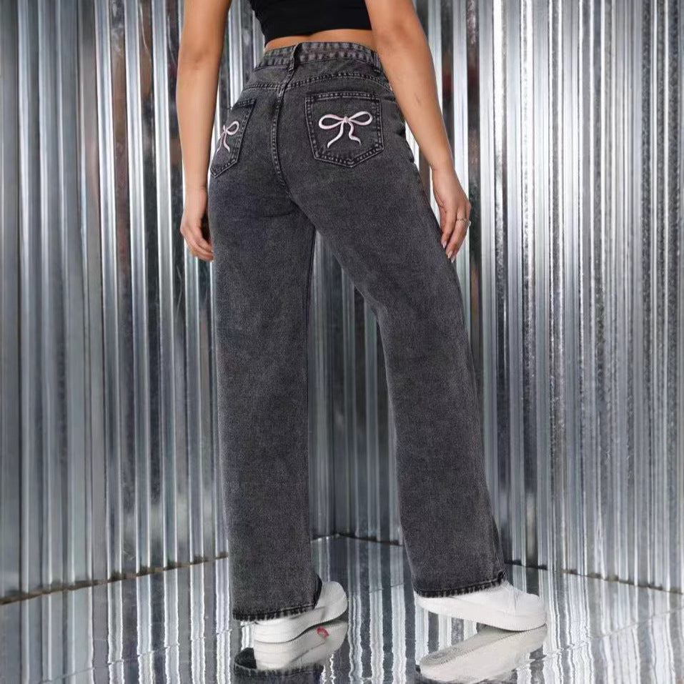 Y2K Bow Embroidered Wide-Leg Jeans – Vintage Black Wash Streetwear Denim Embroidered Jeans High Waist Straight Loose Casual Trousers Women