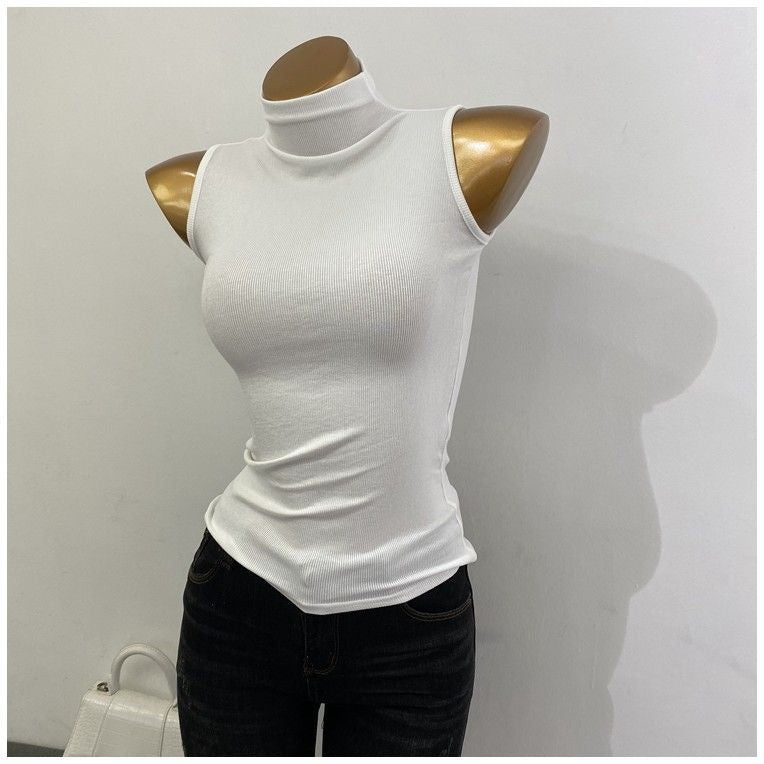 Sleek Sleeveless Turtleneck Top - Multi-Color Options Korean Style Half Turtleneck Sleeveless Vest Top