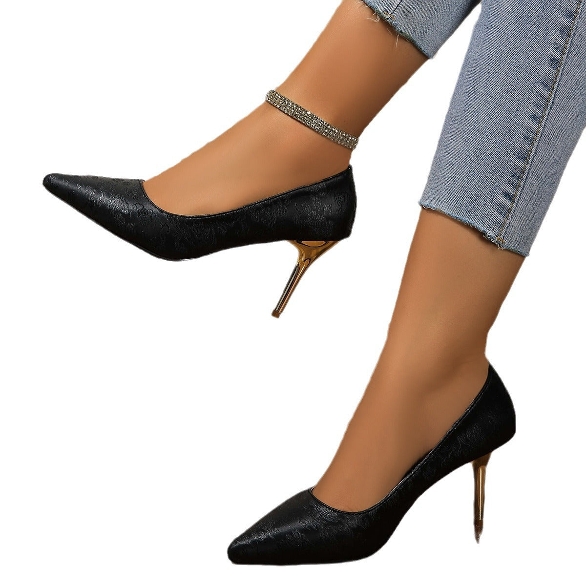 Elegant Velvet Pointed-Toe Stiletto Heels – Gold Metal Heel with Ankle Chain Detail Professional Commute Banquet Nightclub All-matching High Heels