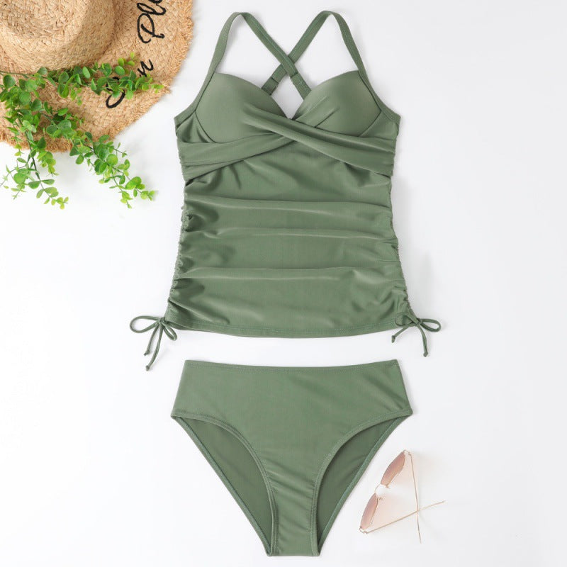 Ruched Tummy Control Tankini Set – Flattering & Supportive Swimwear For Women's Separated Swimwear Solid Color Nylon Slim Fit Slim Looking Clothes