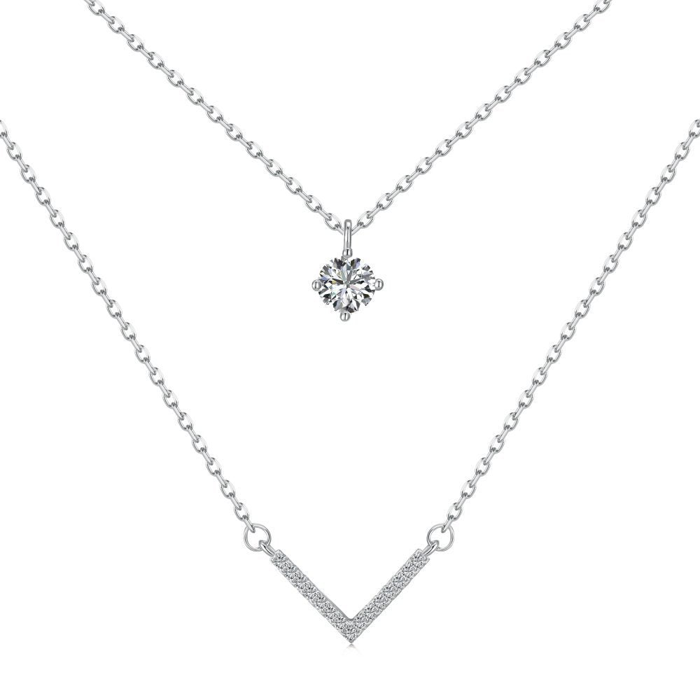 Sterling Silver Plated 18K Gold Necklace Double Layered V-shaped Pendant