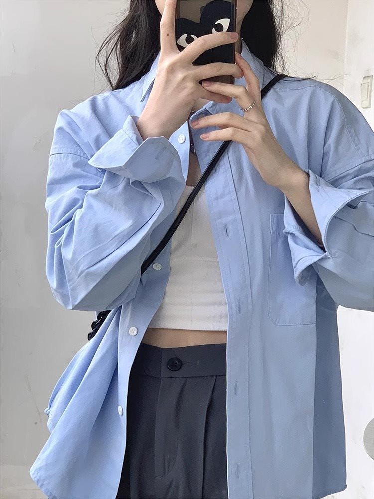 Blue With Long Sleeves Shirt Women's Coat