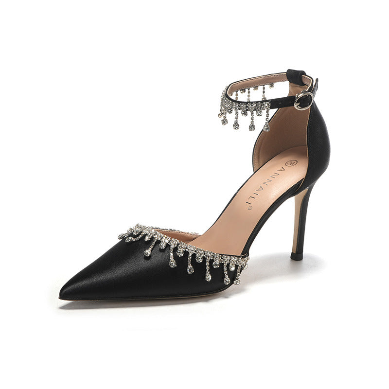 White Satin Strap Tassel Chain High Heels For Women's