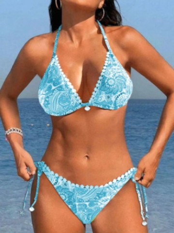 Boho Bliss – Vibrant Prints & Flirty Pom Pom Trim for the Ultimate Beach Look Women's Bikini Split Swimsuit Printed Tether