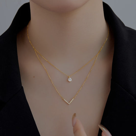 Sterling Silver Plated 18K Gold Necklace Double Layered V-shaped Pendant