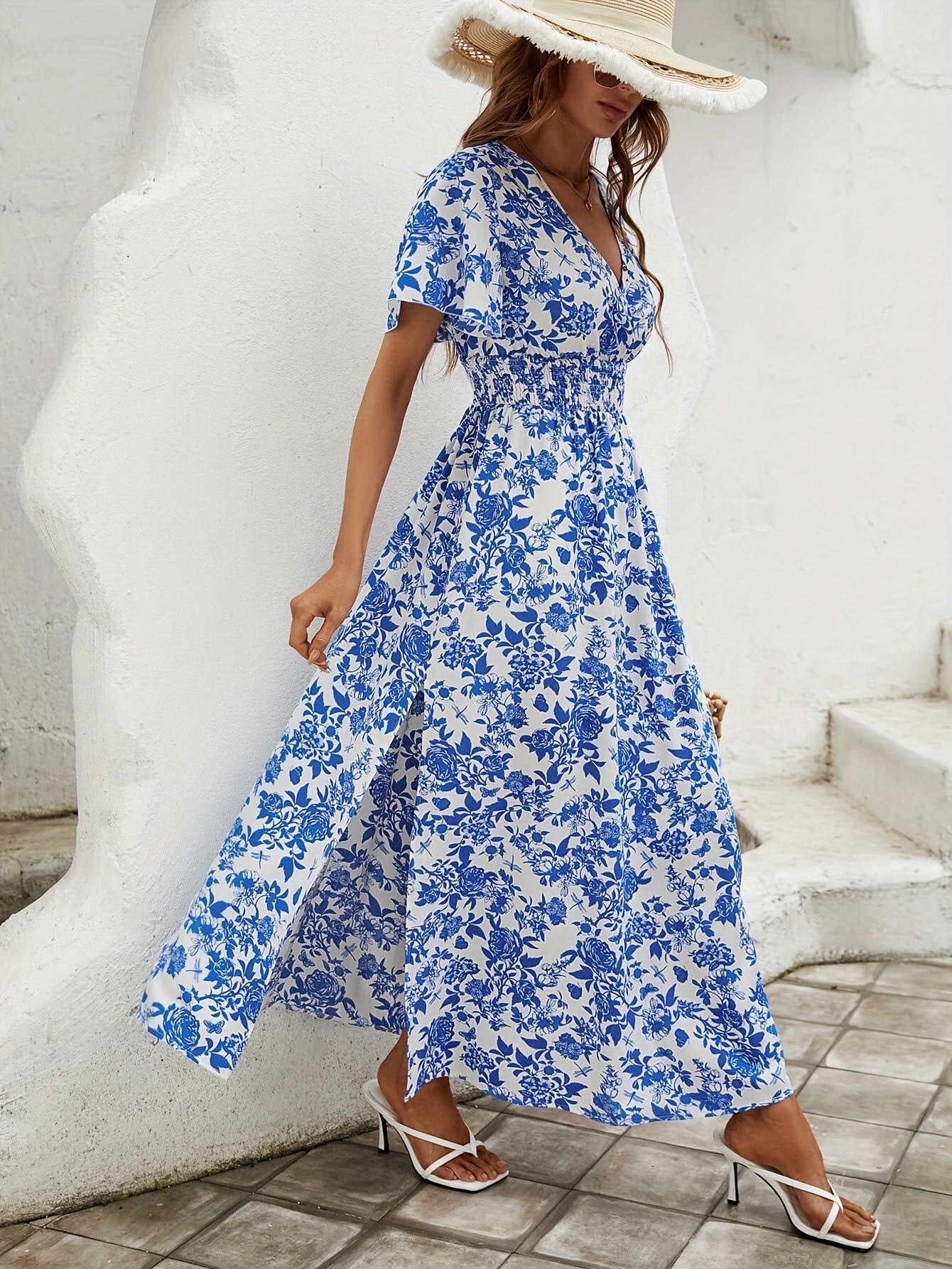 Advanced Sense Plus Size Waist Trimming Slimming V-neckline Flounced Dress For Women's