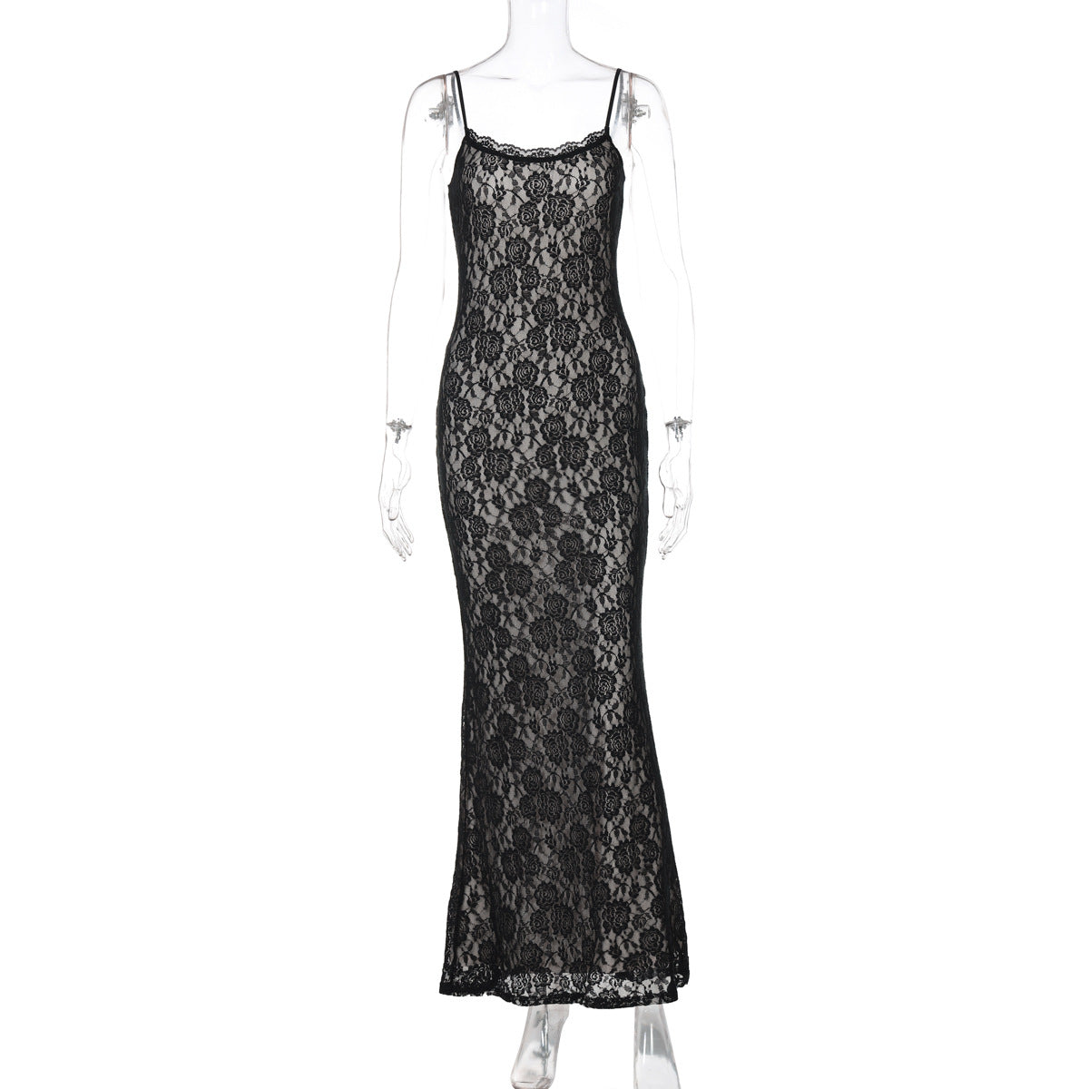 Lace Patchwork Long Dress Slim Strap Bodycon Maxi Dress For Women