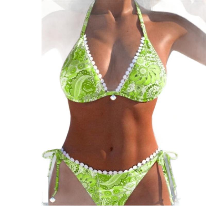Boho Bliss – Vibrant Prints & Flirty Pom Pom Trim for the Ultimate Beach Look Women's Bikini Split Swimsuit Printed Tether