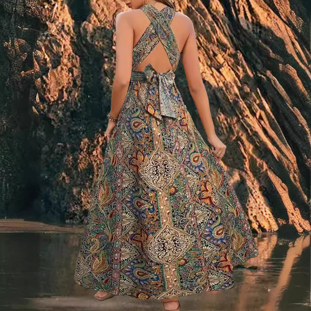 Graceful And Fashionable High Waist Bohemian Backless Dress For Women's