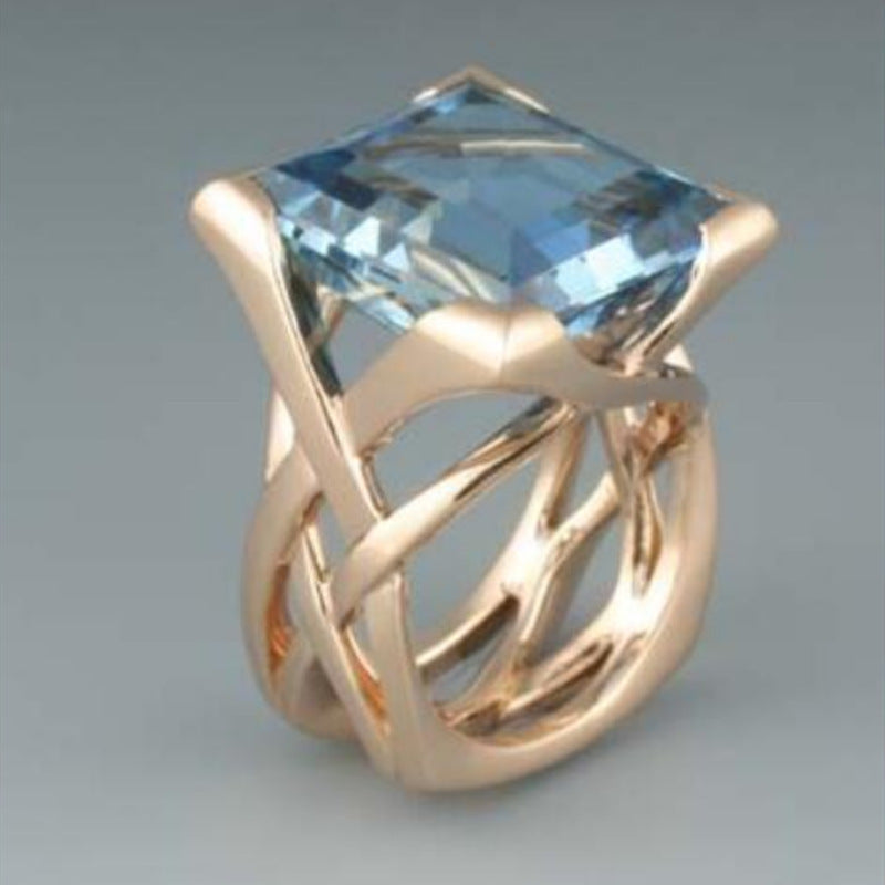 Modern Rose Gold & Sky Blue Topaz Ring Fashion Diamond Hollow Gold Inlaid Square Blue Stone Personality Ring