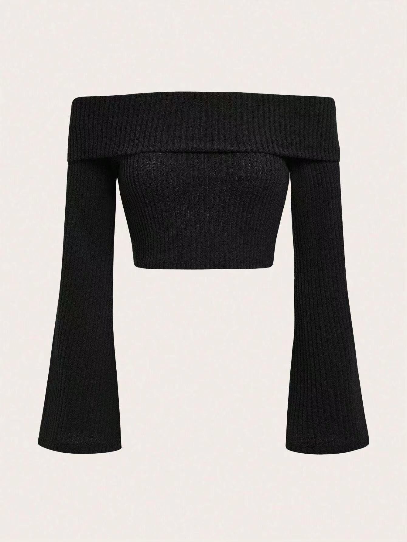 Long Sleeve Mock Neck/Off-Shoulder Ribbed Crop Top Sexy Lace Thick Long Sleeved T-shirt Knitted Sweater