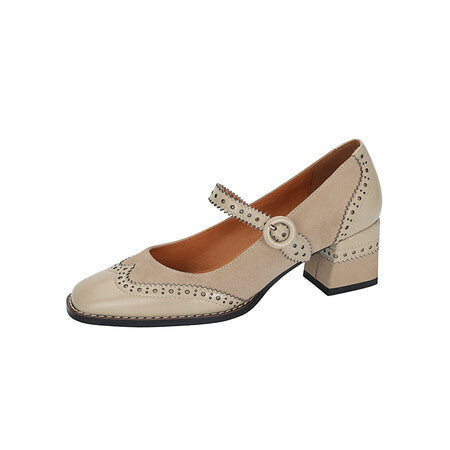 Classic Retro Strap Chunky Heel Shoes Square Toe Chunky Heel Vintage Engraving Mary Jane Shoes Women