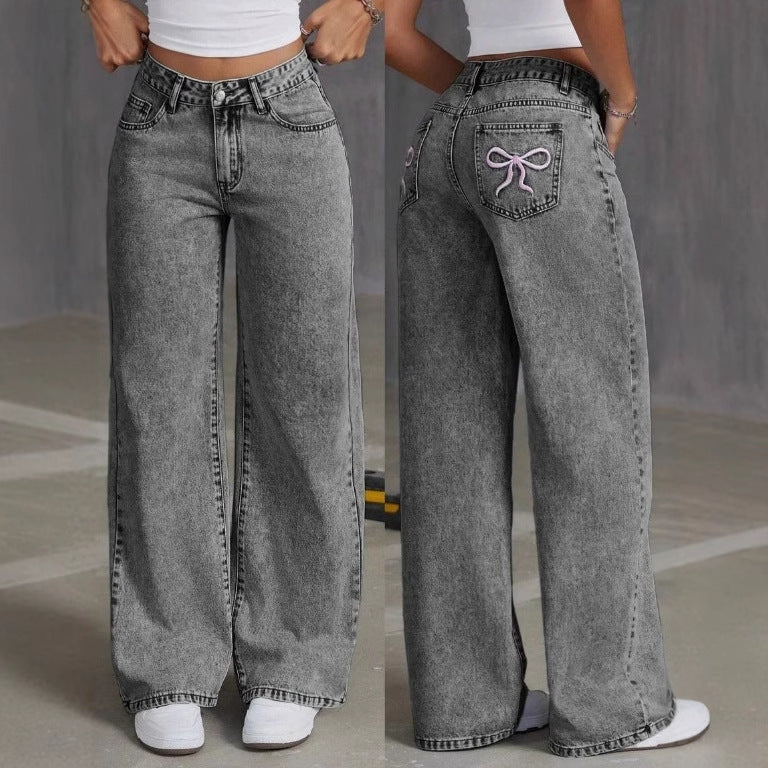 Bow Embroidery Wide-Leg Jeans – Cute Y2K Aesthetic Denim Vintage Bow Embroidered Washed Jeans For Women Straight Loose