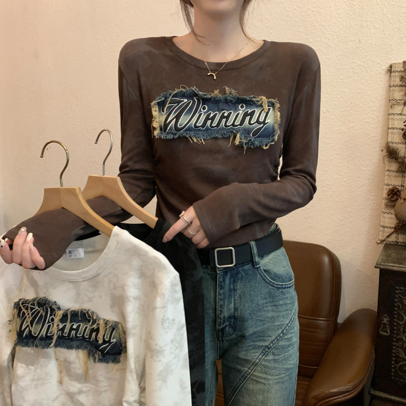 Retro Denim Patch T-shirt Women's Long-sleeved Short Top