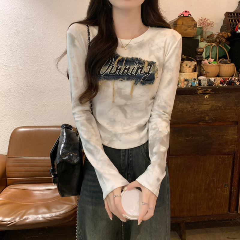 Retro Denim Patch T-shirt Women's Long-sleeved Short Top