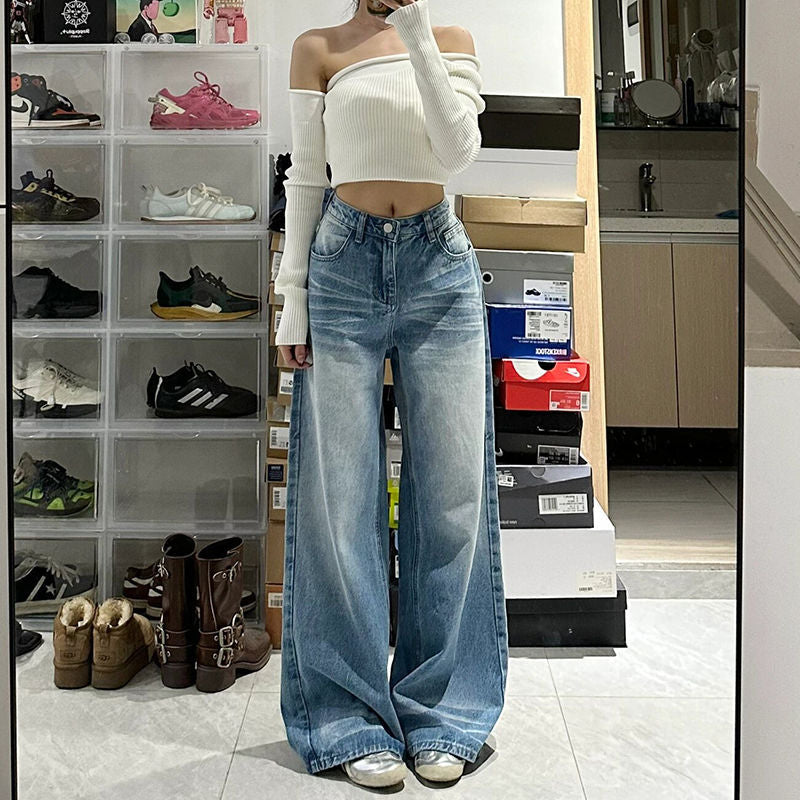 High-Waisted Light Wash Wide-Leg Jeans – Casual Everyday Denim Retro Washed High Waist Wide Leg Jeans For Women Baggy Straight Trousers
