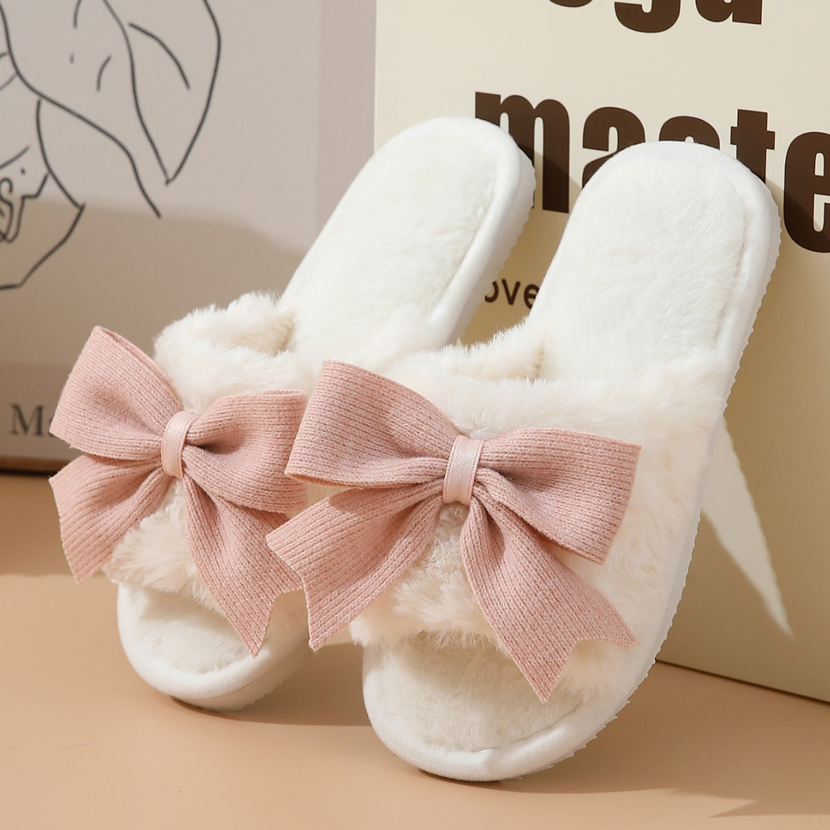 Winter Cute Bow Thick Bottom Non Slip Cotton Slippers For Women's