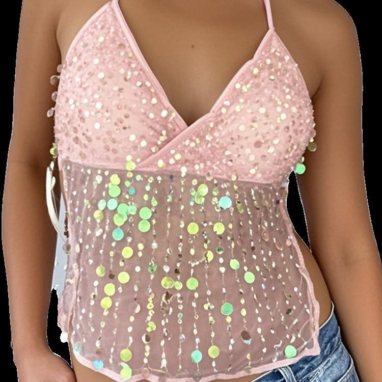Dopamine Sequined Suspender Deep V Strap Top For Women's