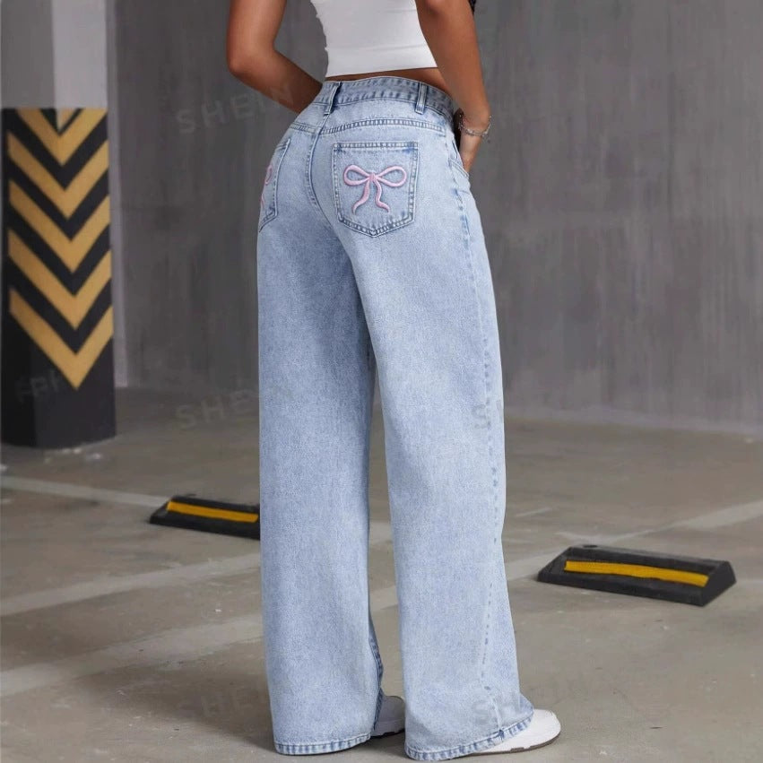 Bow Embroidery Wide-Leg Jeans – Cute Y2K Aesthetic Denim Vintage Bow Embroidered Washed Jeans For Women Straight Loose
