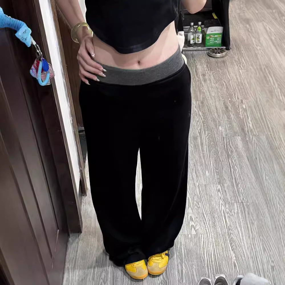 Off-Duty Fold over Lounge Pants American Street Stitching Contrast Color Wide-leg Pants Sports Pants
