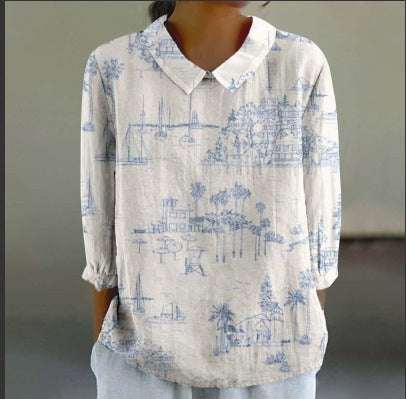 Floral Print Linen Shirt– Casual Long Sleeve Button-Up Shirt Retro Chinese Style For Women's