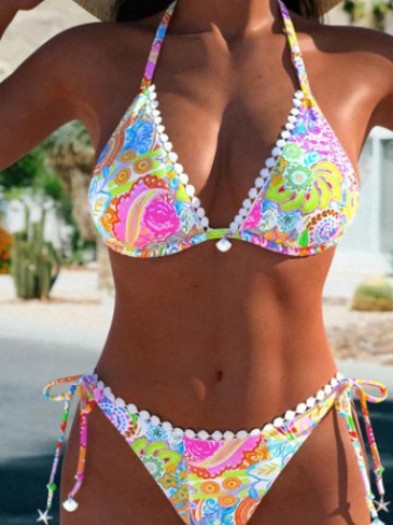 Boho Bliss – Vibrant Prints & Flirty Pom Pom Trim for the Ultimate Beach Look Women's Bikini Split Swimsuit Printed Tether