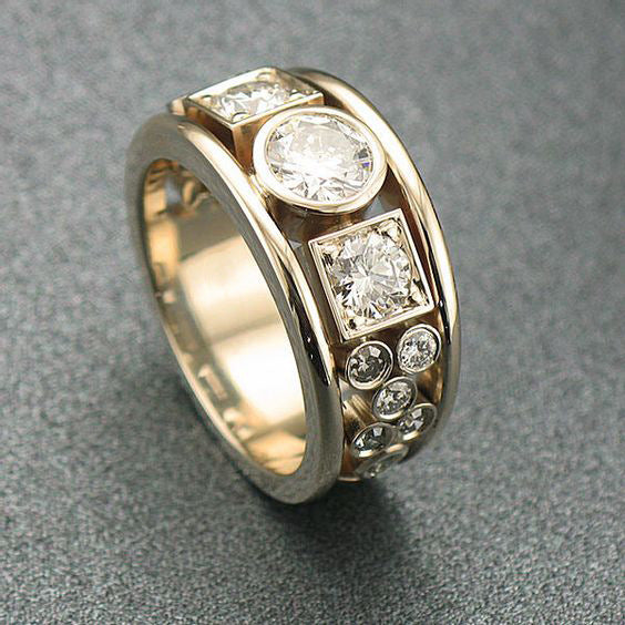 Sparkling Gold & Mixed Cut Gemstone Band Ring Geometric Round And Square Women's Ring