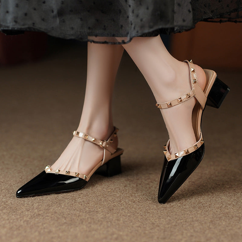 Fashion Pointed Rivets Middle Heel Back Empty Shoes