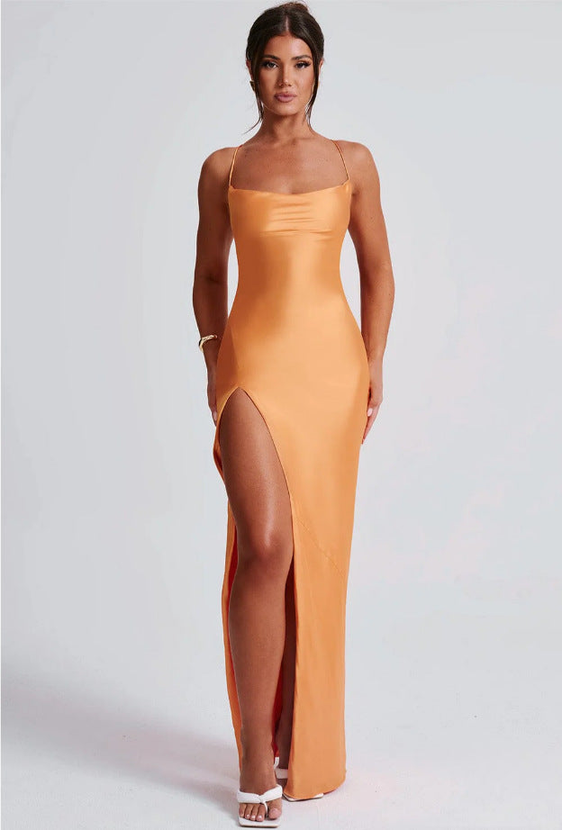 Cowl Neck Satin Maxi Dress with Thigh Slit Premium Satin Sleeveless Sexy Backless Lace Up Dress