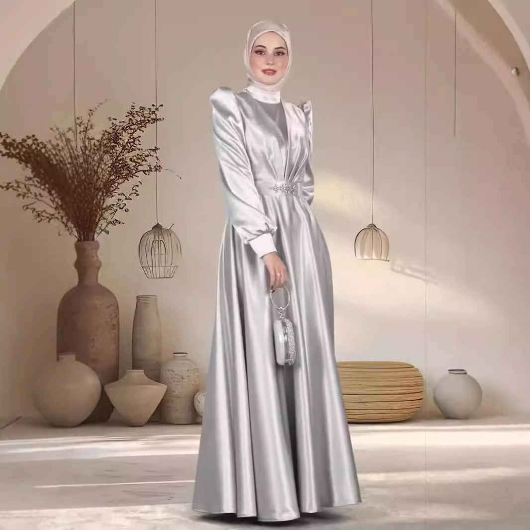 Luxurious Satin Modest Maxi Dress | Elegant Silver Grey Gown Graceful Satin Long Dress Women