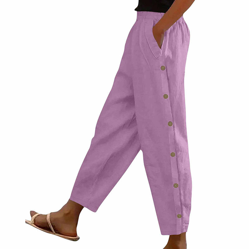 Casual Pants Elastic Waist Side Button Loose Fit Trousers With Pockets Women's