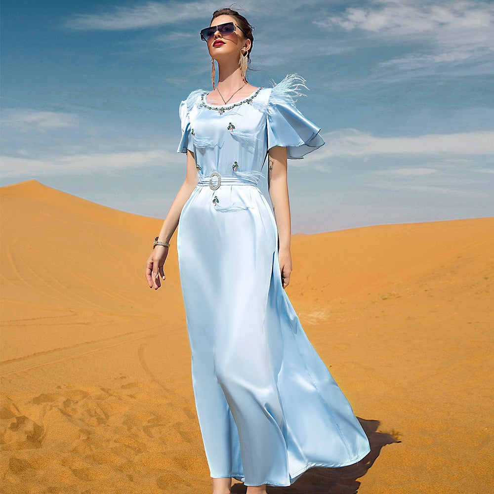 Elegant Light Blue Satin Maxi Dress with Floral Embellishments – Summer Collection Fashion Satin Ruffled Feather Dress
