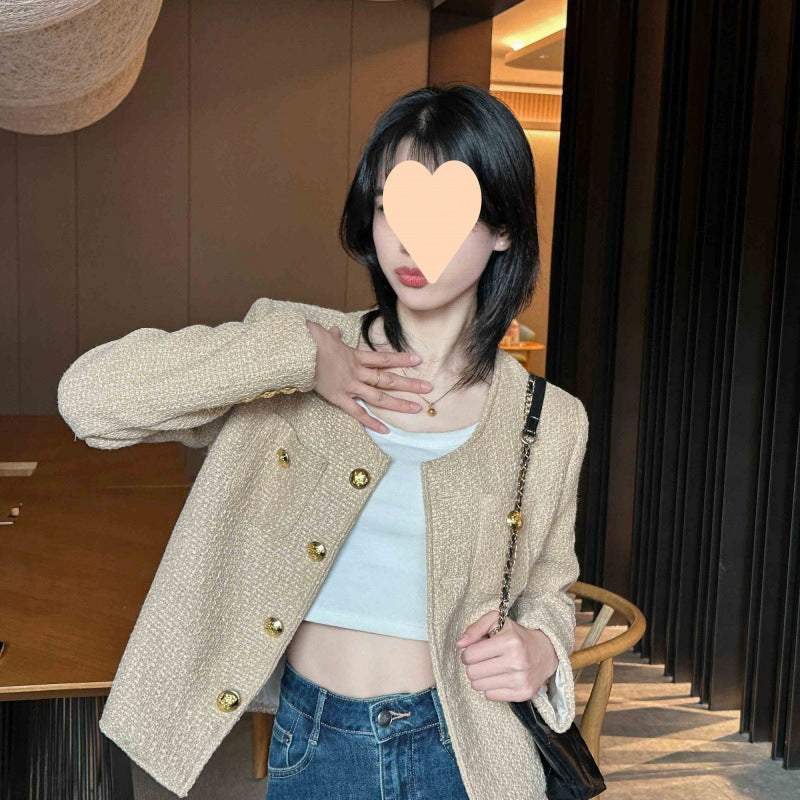 Stylish Beige Button-Up Crop Jacket Korean Style Casual Niche Anti-aging Top