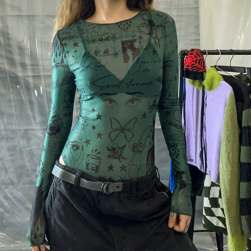 Fashion Slim Fit Transparent Artwork Top Retro Printed Mesh Transparent Jumpsuit