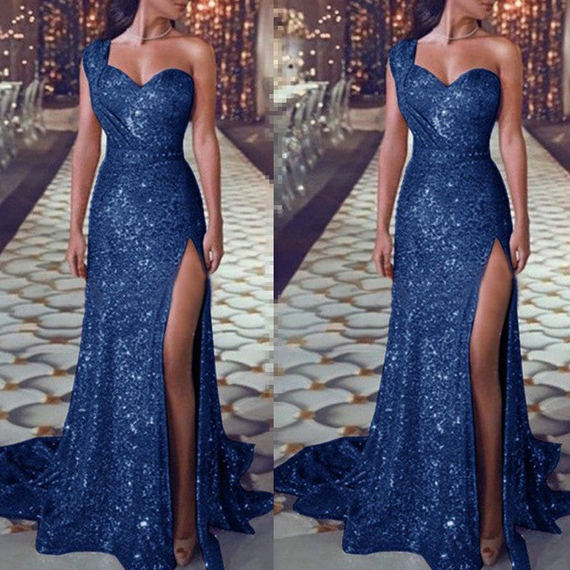 One-shoulder Sleeveless Bronzing Split Dress Women's Clothing
