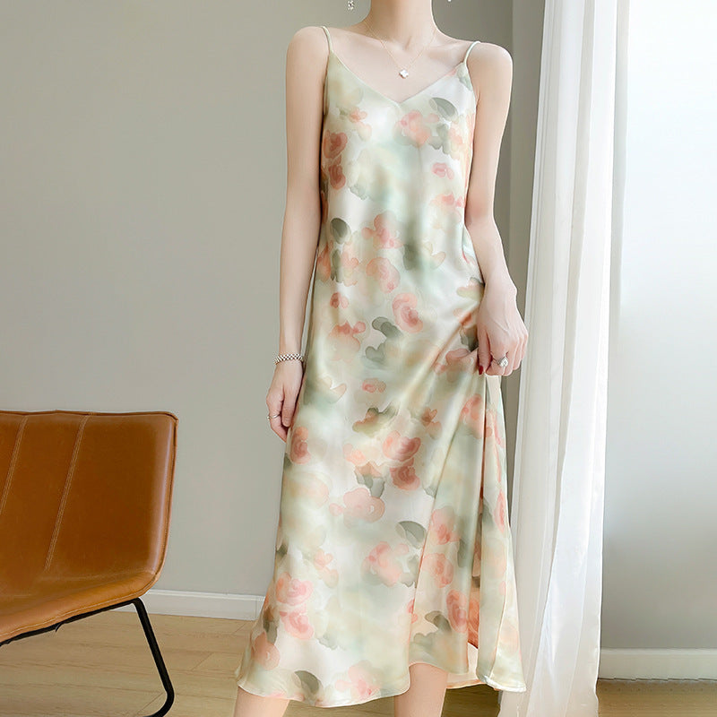 V-neck Mid-length Satin Sling Dress