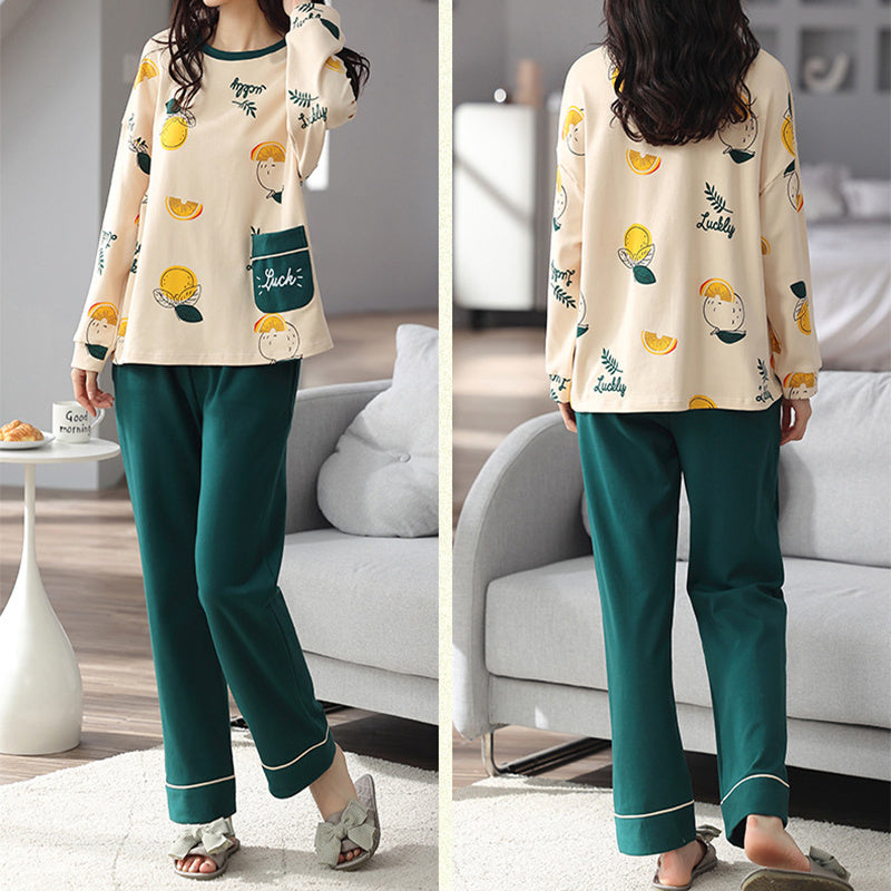 Comfy Women's Cartoon Pattern Sleepwear Set Loose Print Pajamas Women Autumn Winter Pajama Set Long Sleeves And Trousers Elegant Sleepwear Girl Loungewear Home Clothes